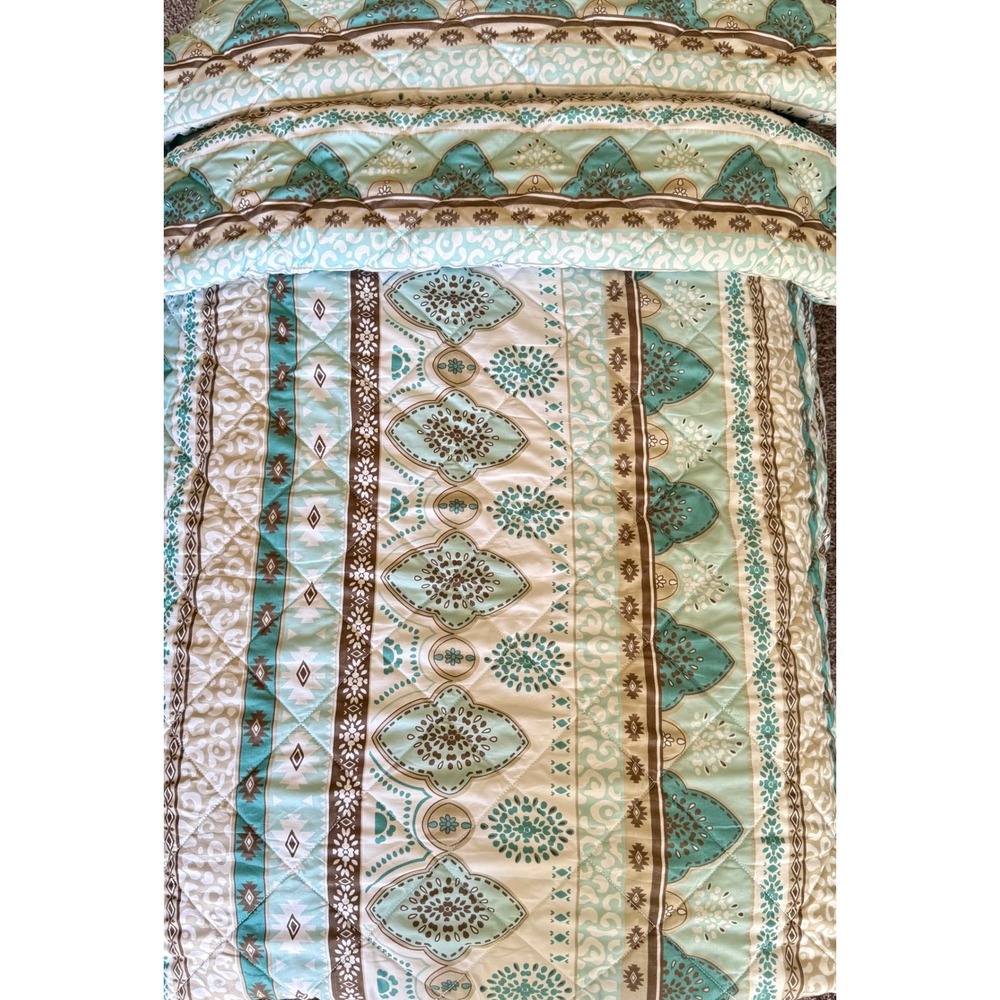 Sanctuary Quilt King Teal Brown White Boho Geometric Medallion Bedding 3 Piece